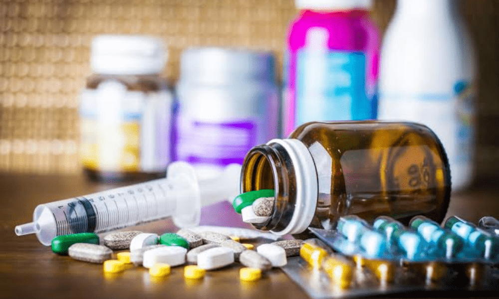Various medicines & injection spread on the table