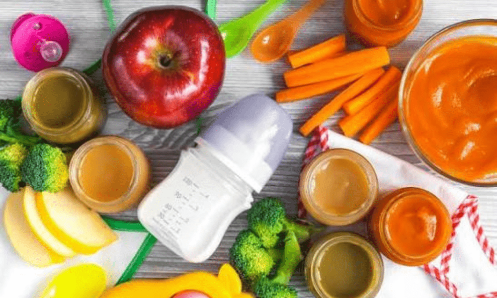 Diet and nutrition: Assortment of fruits, vegetables, baby food, and nutritious foods representing diet and nutrition.